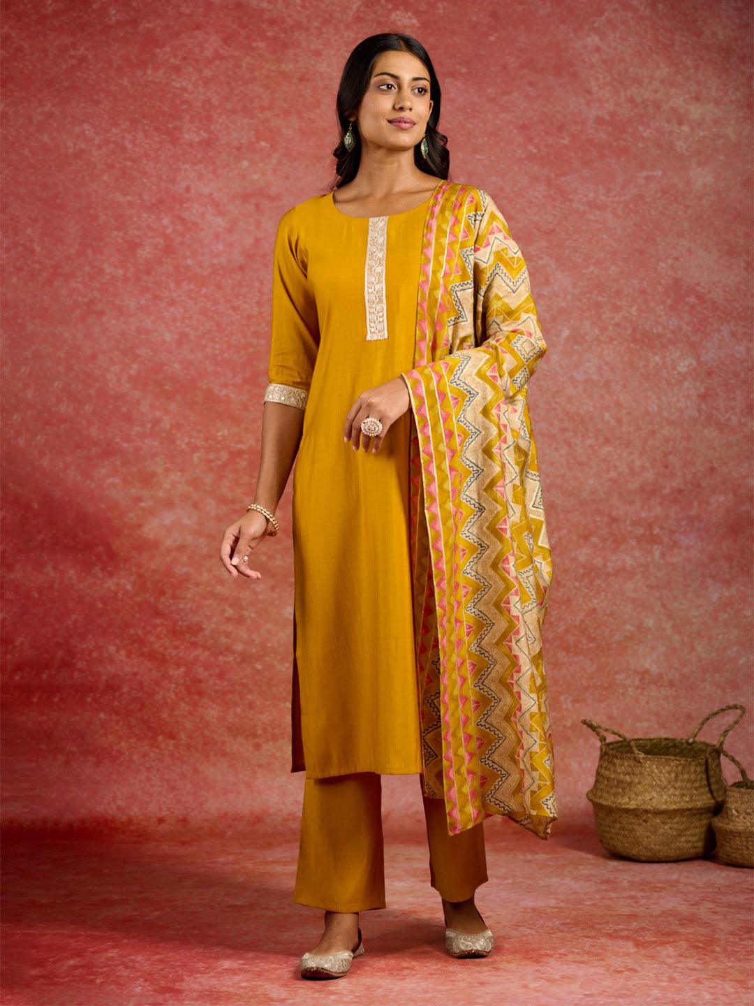 Mustard Yoke Design Silk Blend Straight Kurta With Trousers & Dupatta - ShopLibas