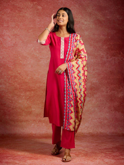 Pink Yoke Design Silk Blend Straight Kurta With Trousers & Dupatta - ShopLibas