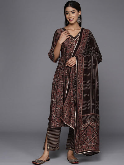Brown Printed Silk Blend A-Line Kurta With Trousers & Dupatta - ShopLibas
