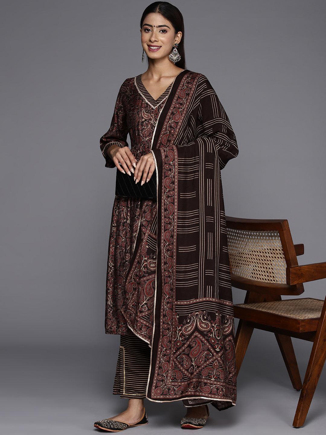 Brown Printed Silk Blend A-Line Kurta With Trousers & Dupatta - ShopLibas 