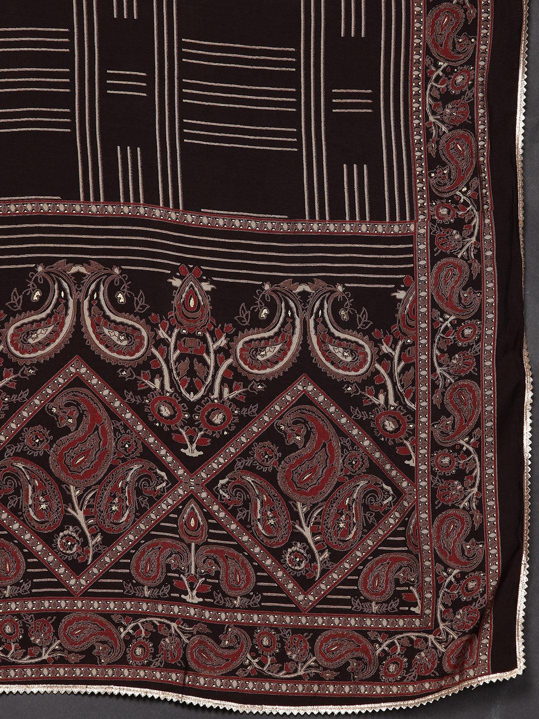 Brown Printed Silk Blend A-Line Kurta With Trousers & Dupatta - ShopLibas 