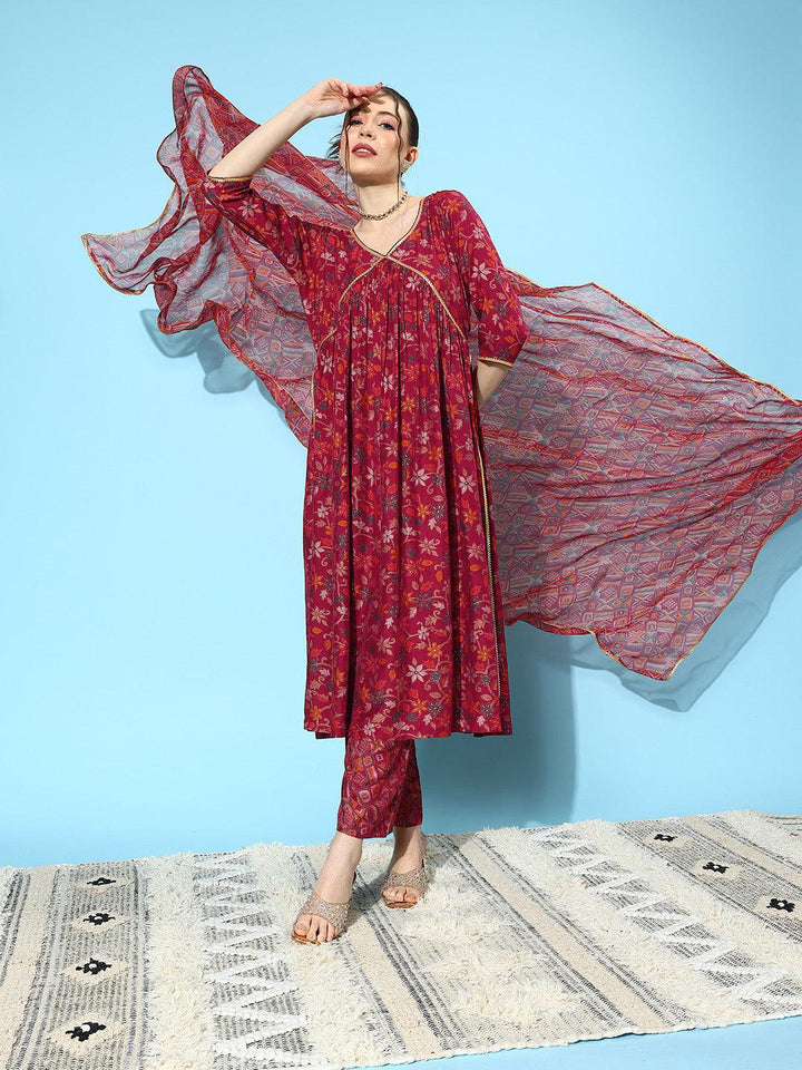 Red Printed Silk Blend A-Line Kurta With Trousers & Dupatta - ShopLibas