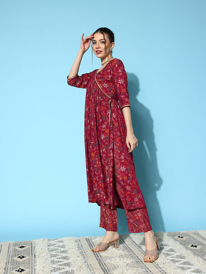 Red Printed Silk Blend A-Line Kurta With Trousers & Dupatta - ShopLibas