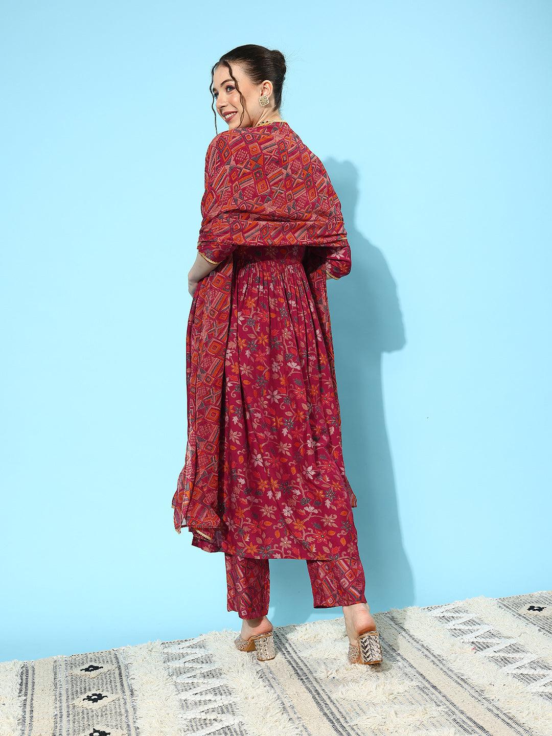Red Printed Silk Blend A-Line Kurta With Trousers & Dupatta - ShopLibas
