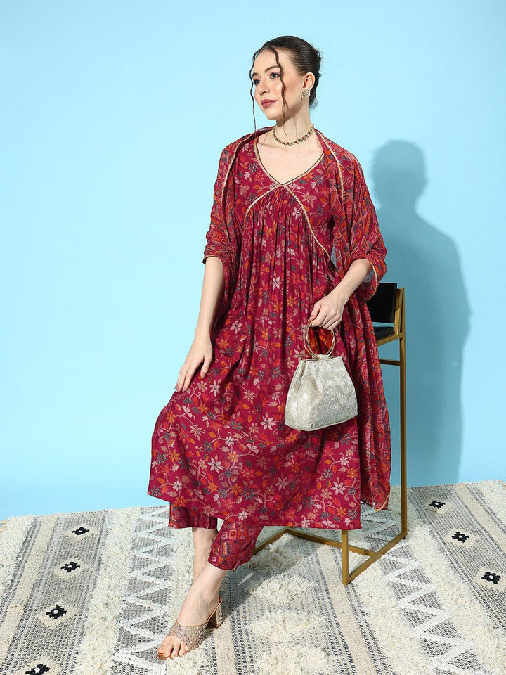 Red Printed Silk Blend A-Line Kurta With Trousers & Dupatta - ShopLibas