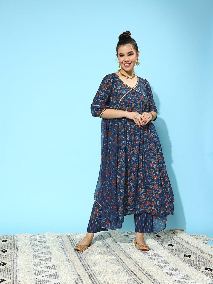 Blue Printed Silk Blend A-Line Kurta With Trousers & Dupatta - ShopLibas