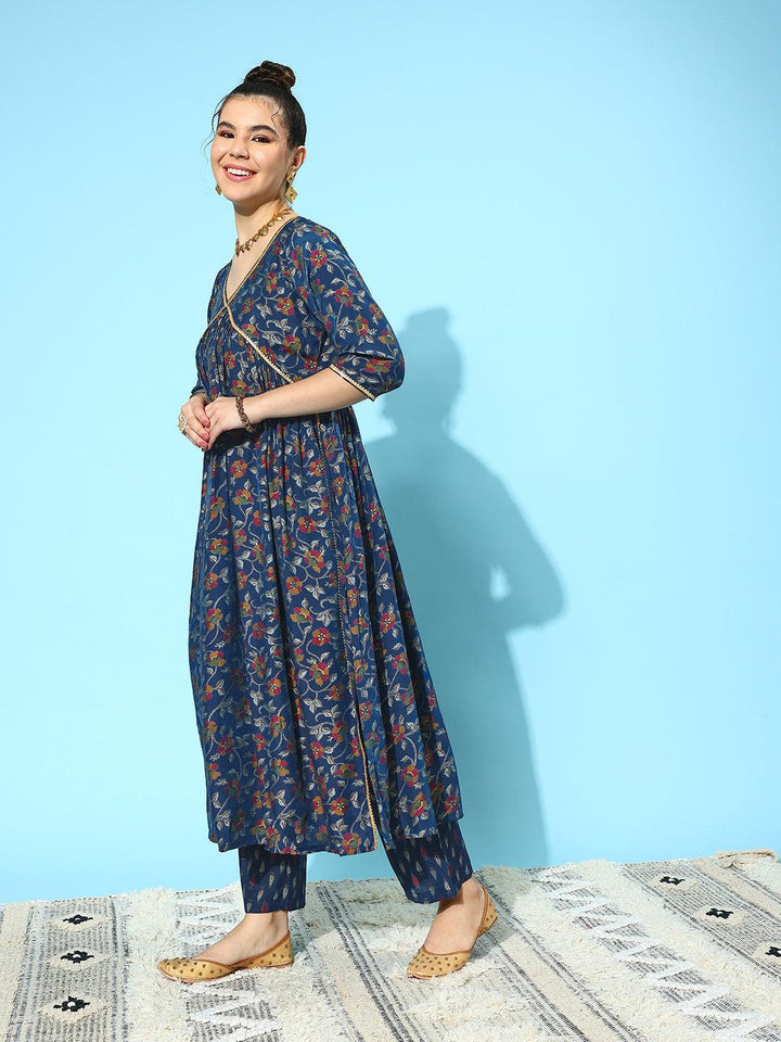 Blue Printed Silk Blend A-Line Kurta With Trousers & Dupatta - ShopLibas