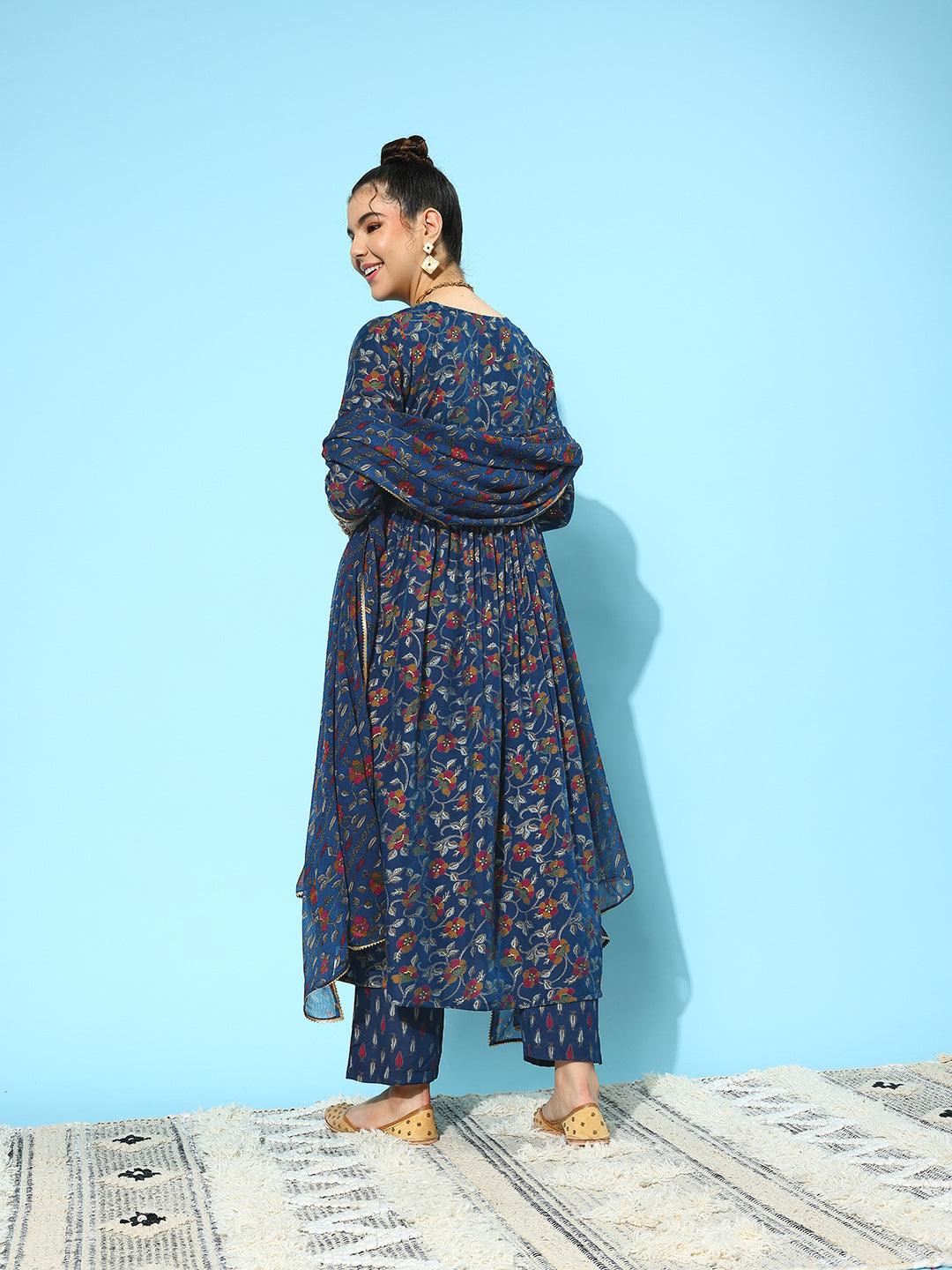 Blue Printed Silk Blend A-Line Kurta With Trousers & Dupatta - ShopLibas
