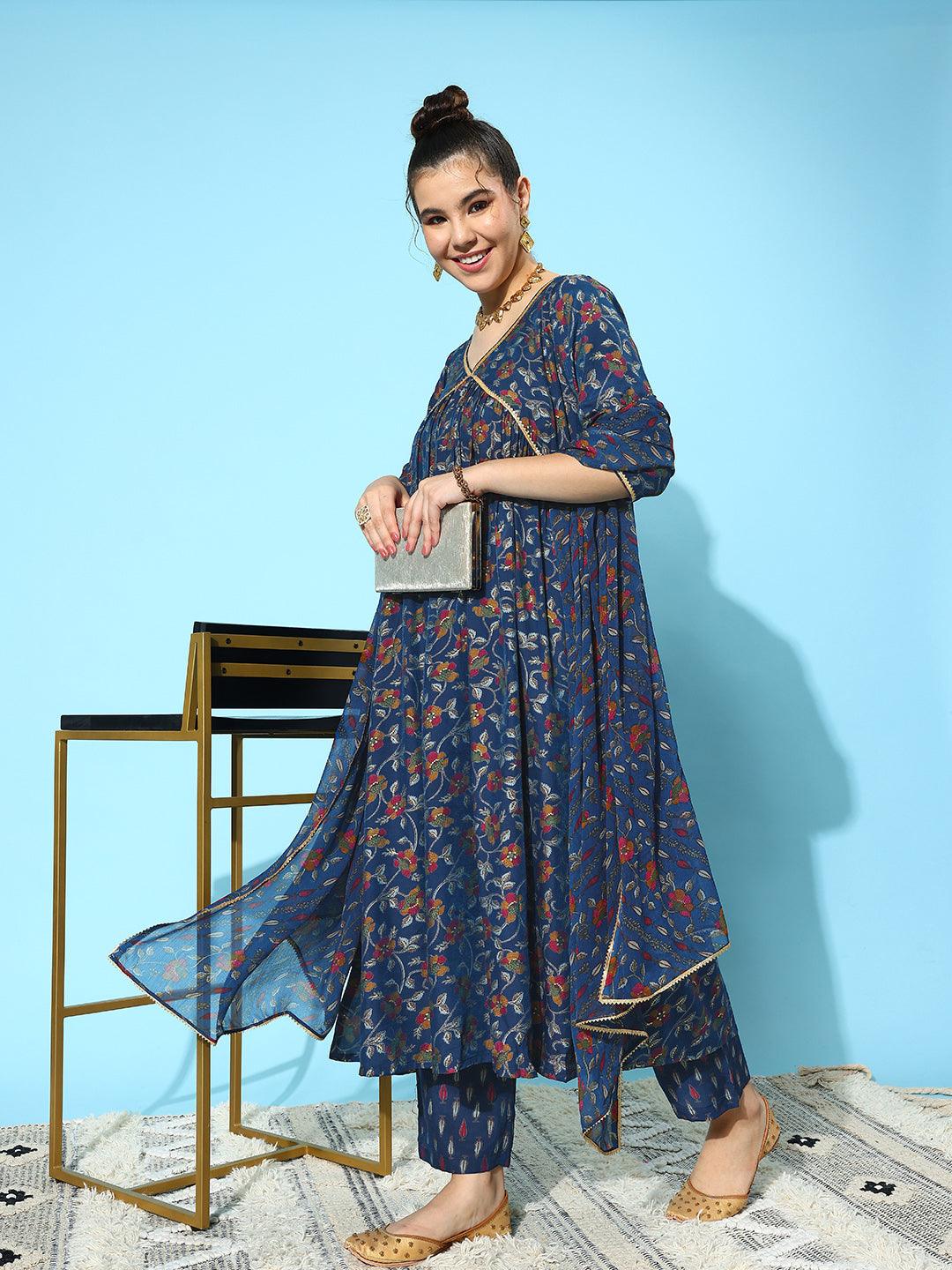 Blue Printed Silk Blend A-Line Kurta With Trousers & Dupatta - ShopLibas