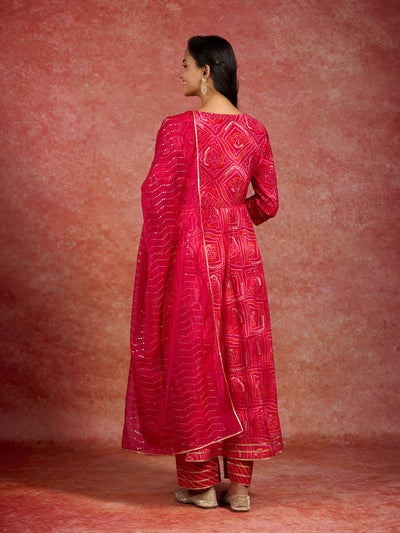 Pink Printed Silk Blend Anarkali Kurta With Trousers & Dupatta - ShopLibas
