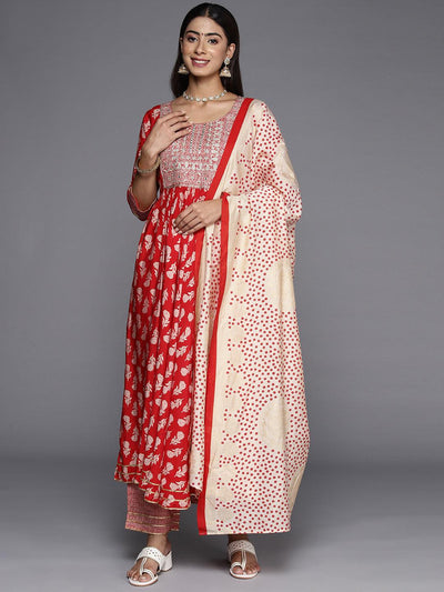 Red Printed Silk Blend Anarkali Kurta - ShopLibas
