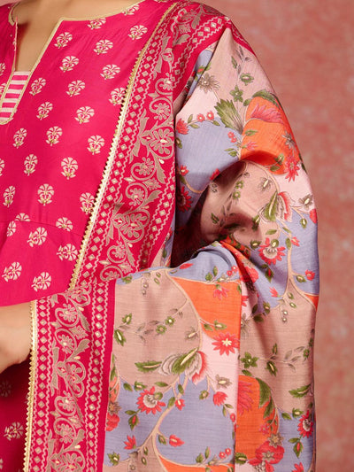 Pink Printed Silk Blend Anarkali Kurta With Trousers & Dupatta - ShopLibas