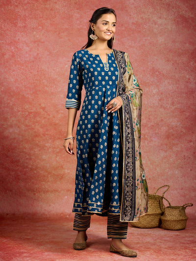 Blue Printed Silk Blend Anarkali Kurta With Trousers & Dupatta - ShopLibas