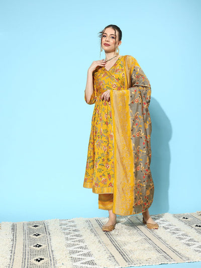 Yellow Printed Silk Blend Anarkali Kurta With Trousers & Dupatta - ShopLibas
