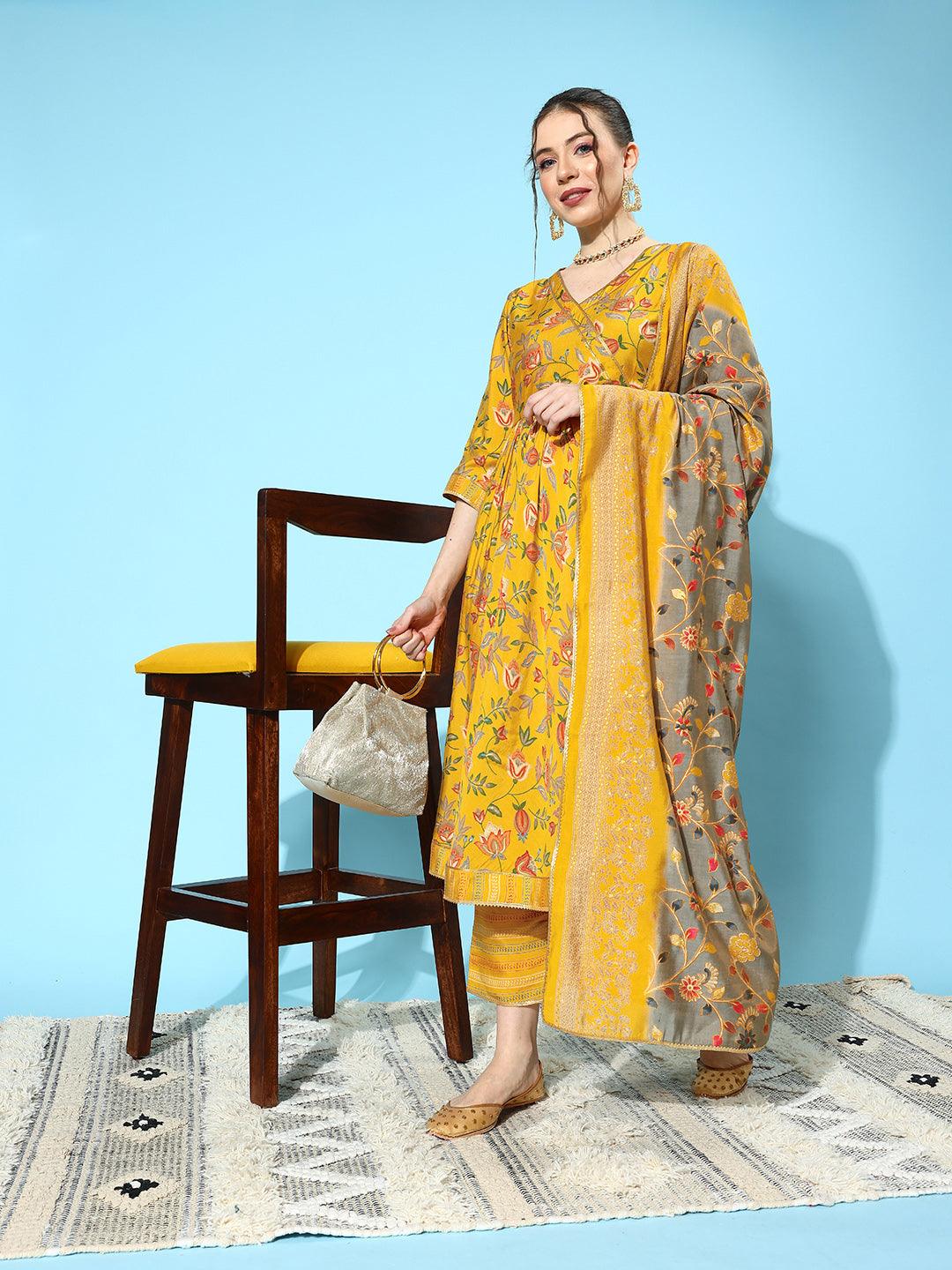 Yellow Printed Silk Blend Anarkali Kurta With Trousers & Dupatta - ShopLibas