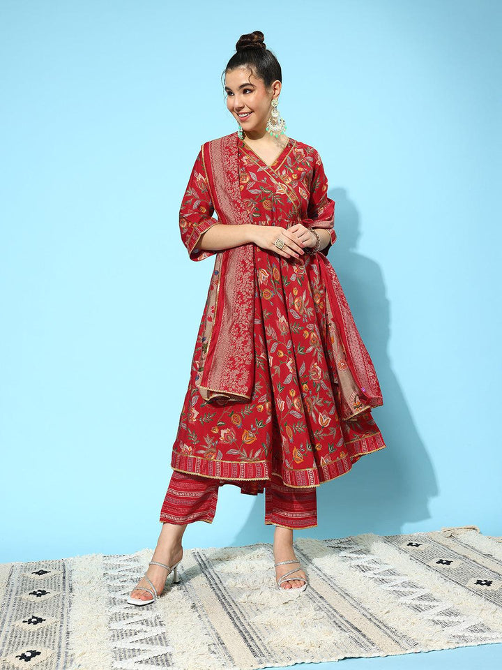 Red Printed Silk Blend Anarkali Kurta With Trousers & Dupatta - ShopLibas