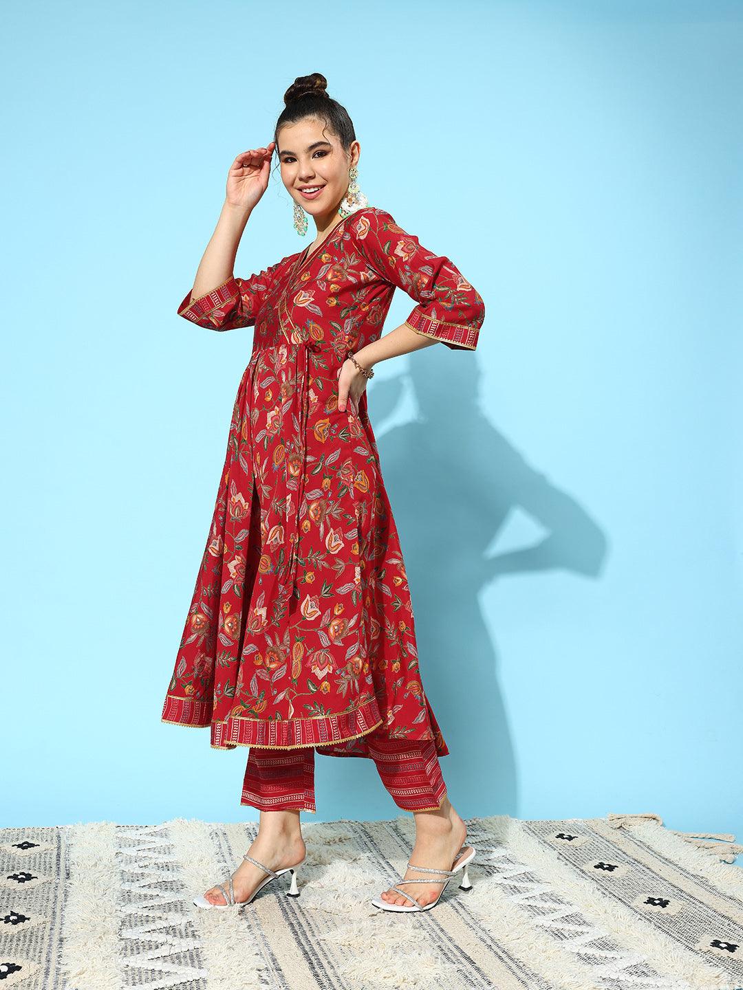 Red Printed Silk Blend Anarkali Kurta With Trousers & Dupatta - ShopLibas