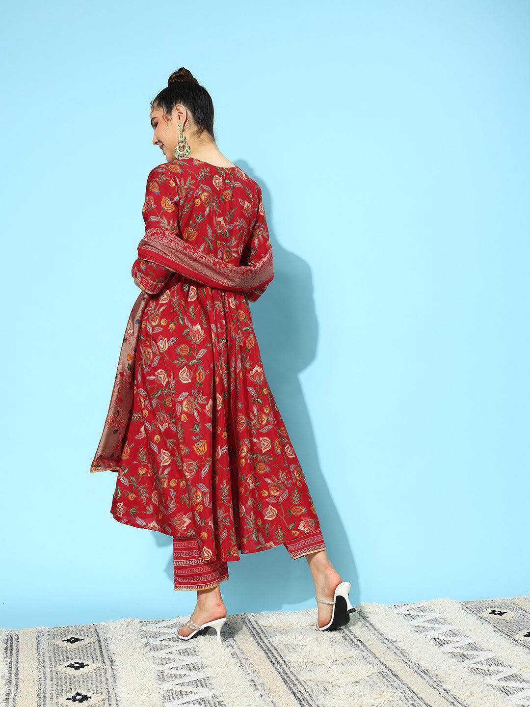 Red Printed Silk Blend Anarkali Kurta With Trousers & Dupatta - ShopLibas