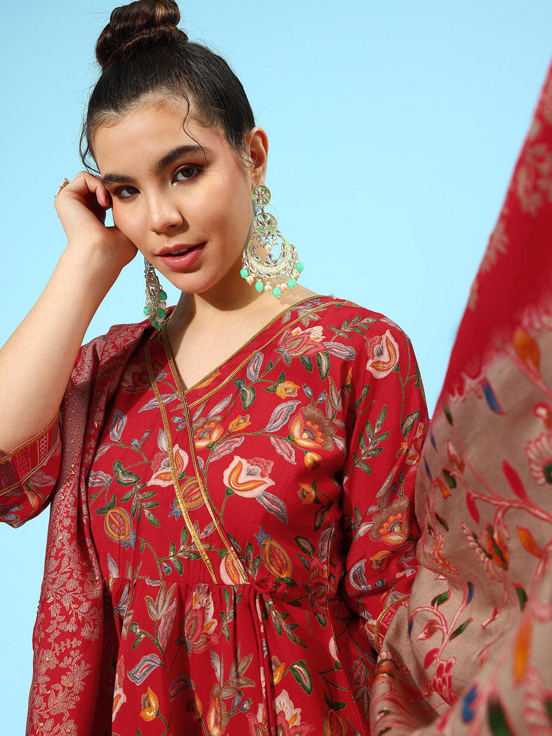 Red Printed Silk Blend Anarkali Kurta With Trousers & Dupatta - ShopLibas