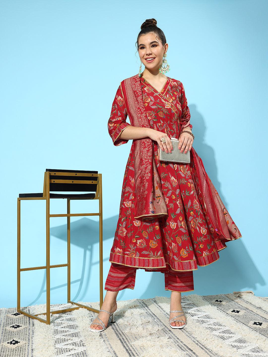 Red Printed Silk Blend Anarkali Kurta With Trousers & Dupatta - ShopLibas