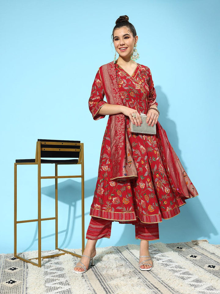 Red Printed Silk Blend Anarkali Kurta With Trousers & Dupatta - ShopLibas