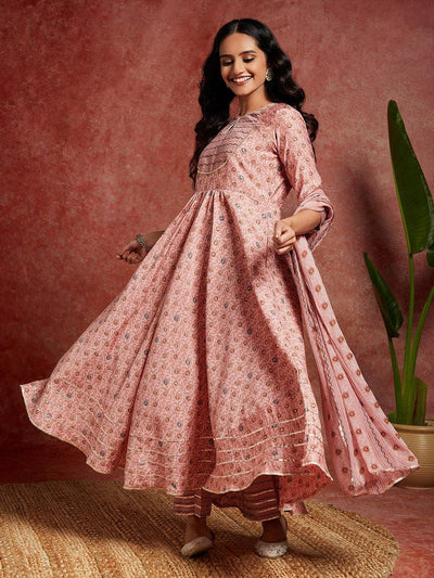 Peach Printed Silk Blend Anarkali Kurta With Trousers & Dupatta - ShopLibas