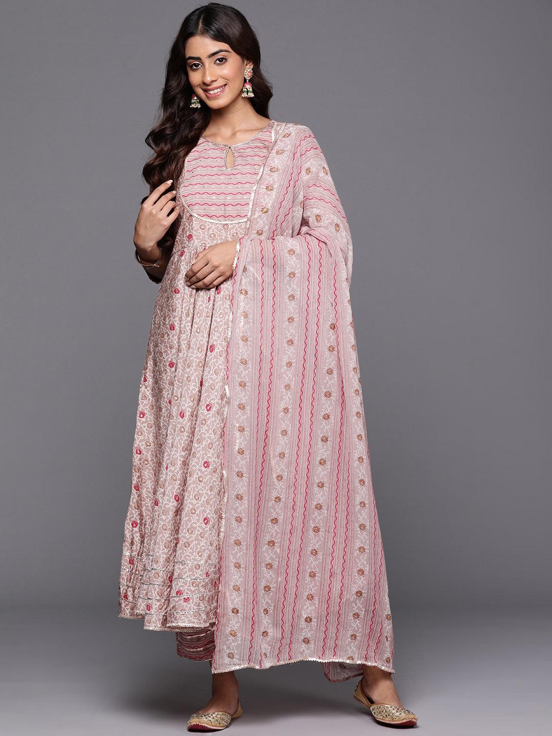 Beige Printed Silk Blend Anarkali Kurta With Trousers & Dupatta - ShopLibas