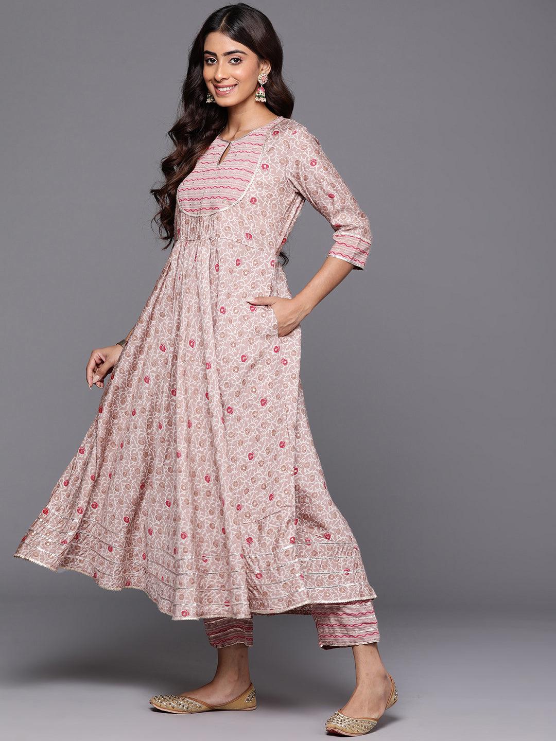 Beige Printed Silk Blend Anarkali Kurta With Trousers & Dupatta - ShopLibas
