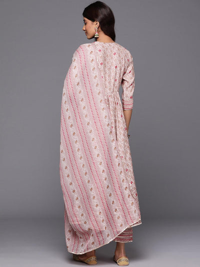 Beige Printed Silk Blend Anarkali Kurta With Trousers & Dupatta - ShopLibas