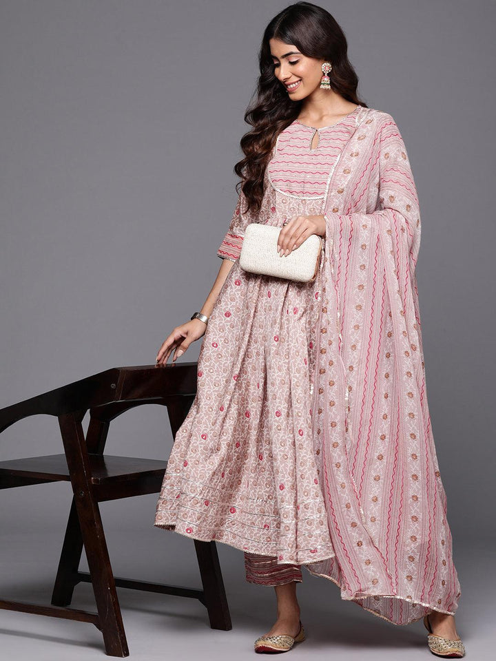 Beige Printed Silk Blend Anarkali Kurta With Trousers & Dupatta - ShopLibas