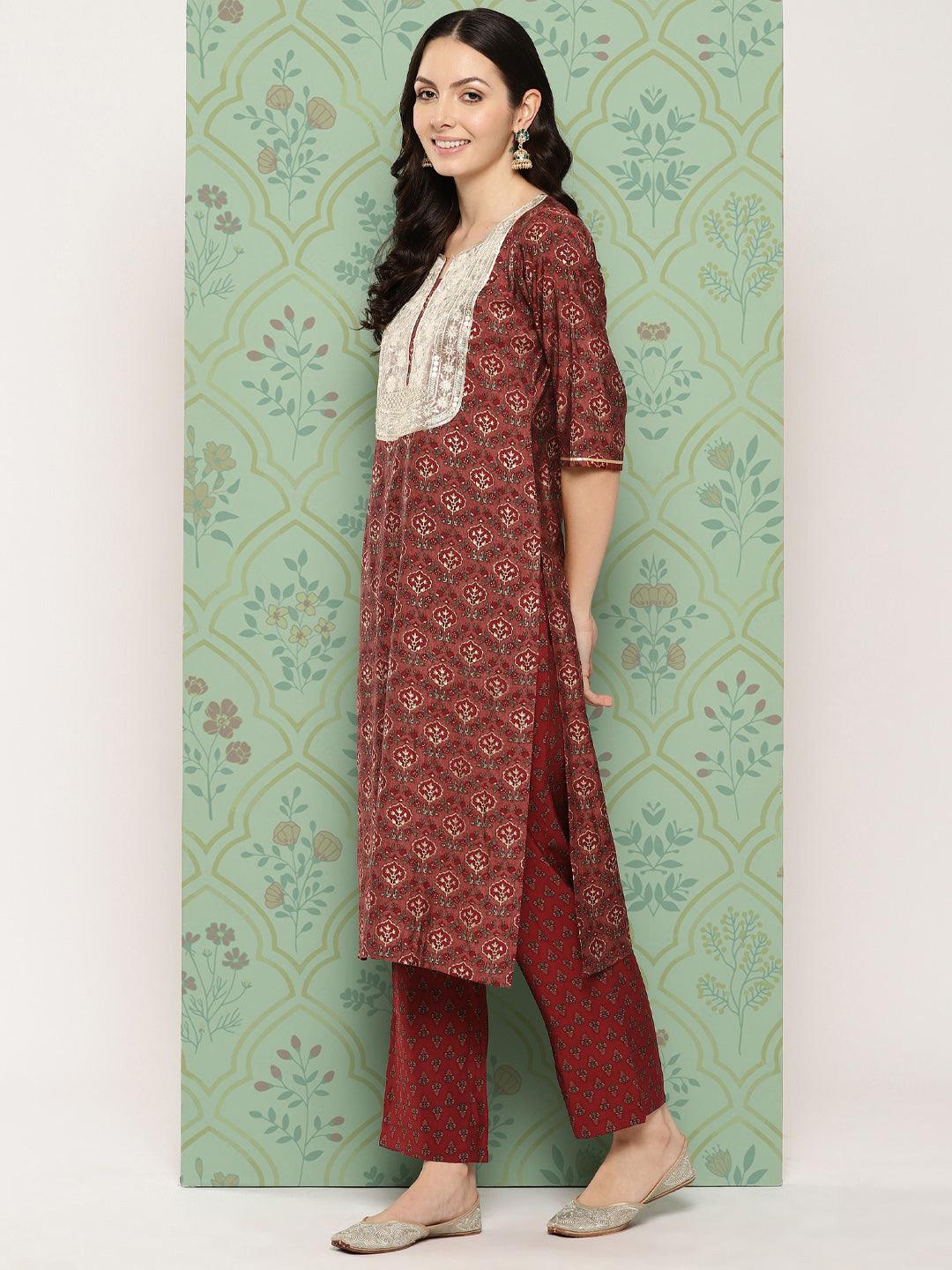 Maroon Printed Silk Blend Straight Kurta With Trousers & Dupatta - ShopLibas 