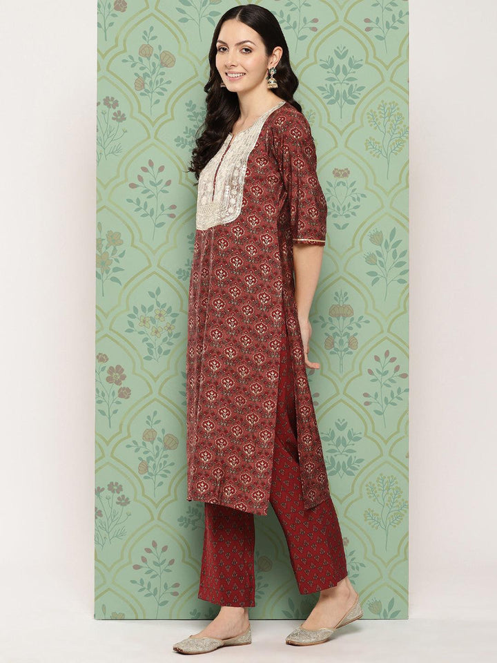 Maroon Printed Silk Blend Straight Suit With Dupatta