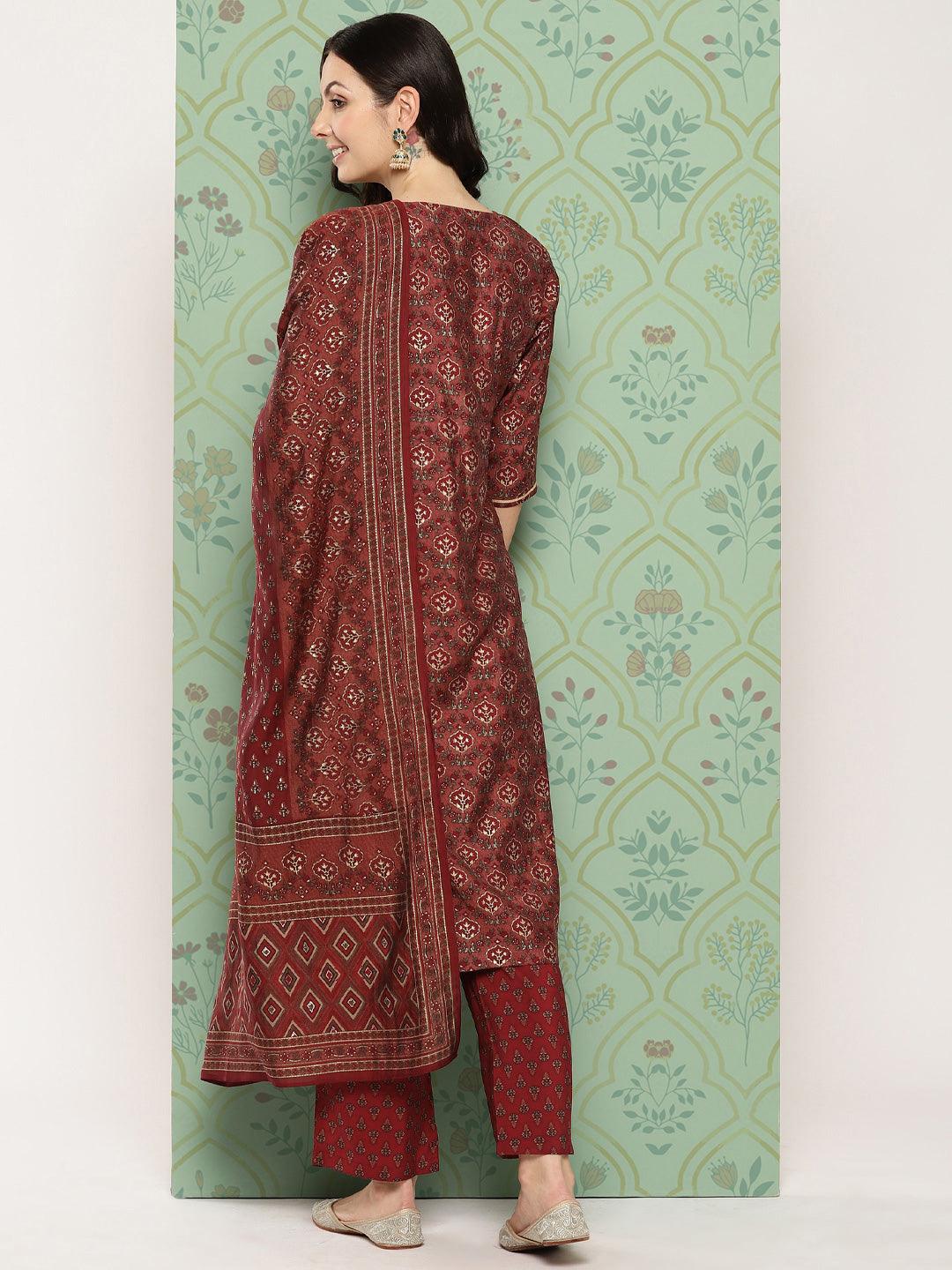Maroon Printed Silk Blend Straight Kurta With Trousers & Dupatta - ShopLibas 