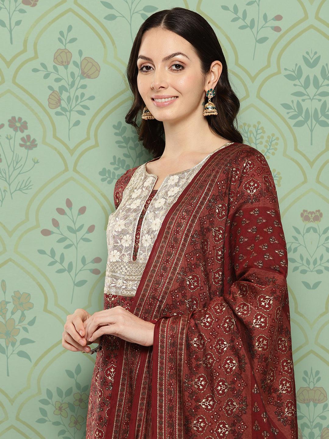 Maroon Printed Silk Blend Straight Kurta With Trousers & Dupatta - ShopLibas 