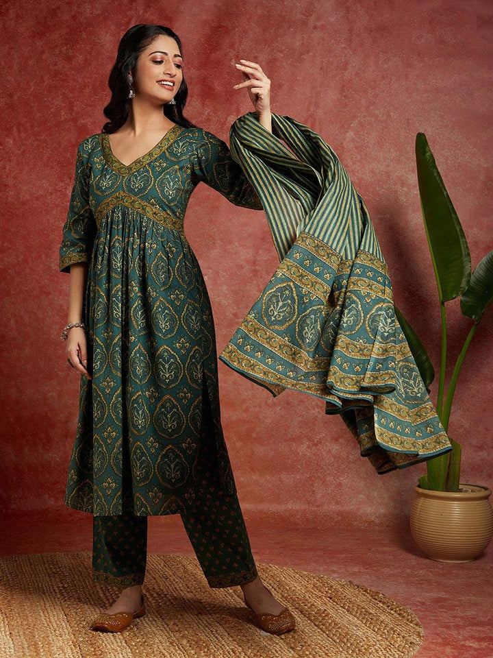 Green Printed Cotton A-Line Kurta With Trousers & Dupatta - ShopLibas
