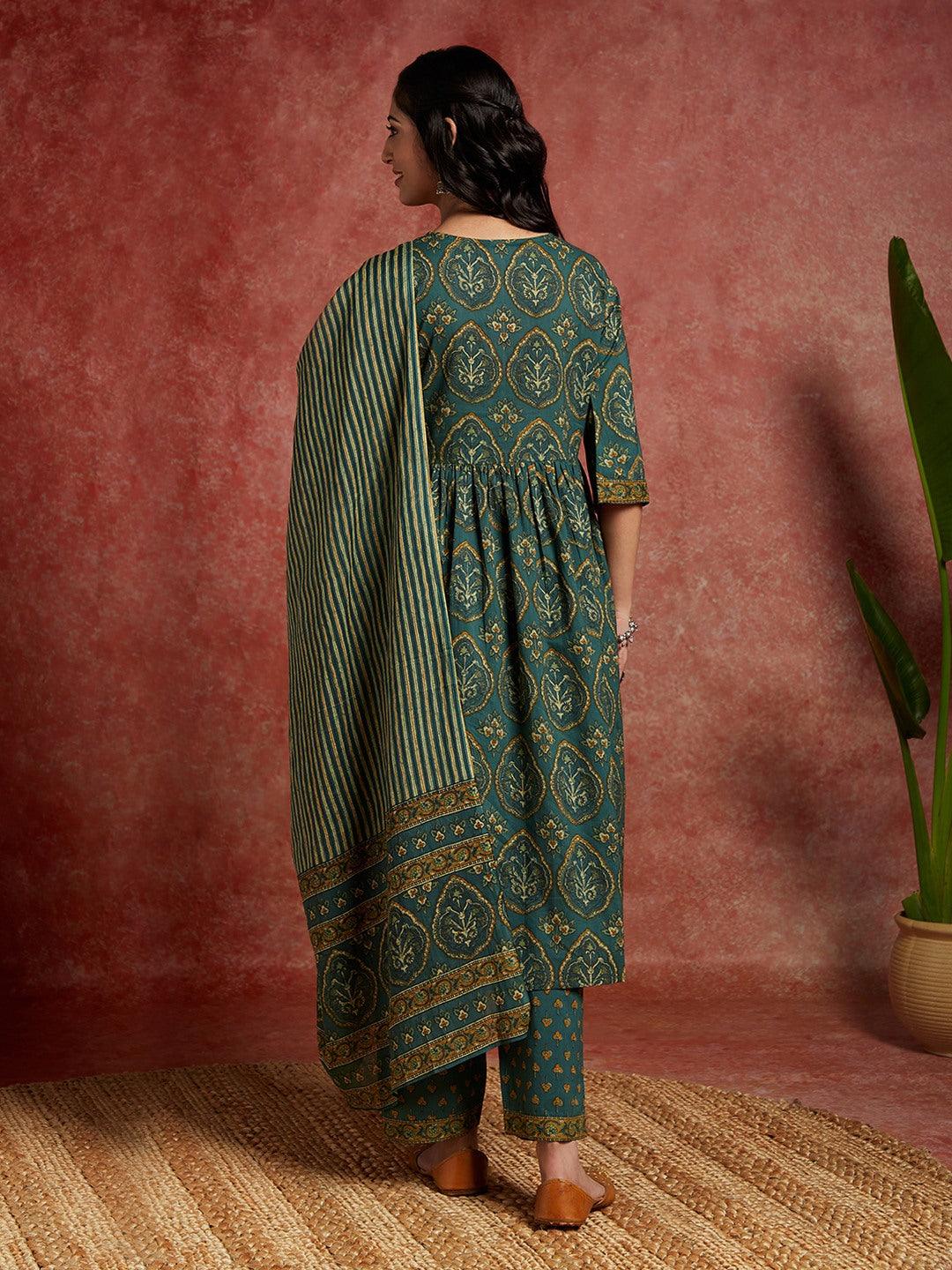 Green Printed Cotton A-Line Kurta With Trousers & Dupatta - ShopLibas