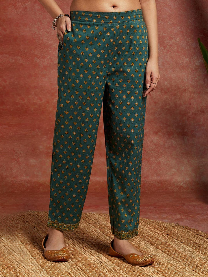 Green Printed Cotton A-Line Kurta With Trousers & Dupatta - ShopLibas