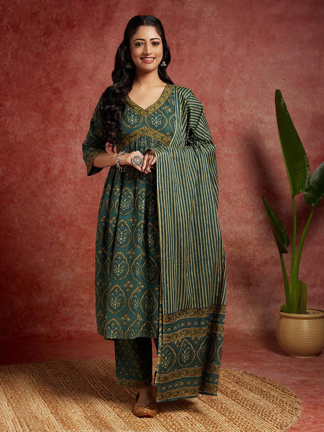 Green Printed Cotton A-Line Kurta With Trousers & Dupatta - ShopLibas