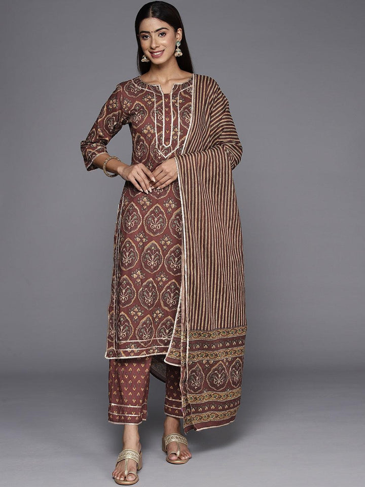 Brown Printed Cotton Straight Suit With Dupatta