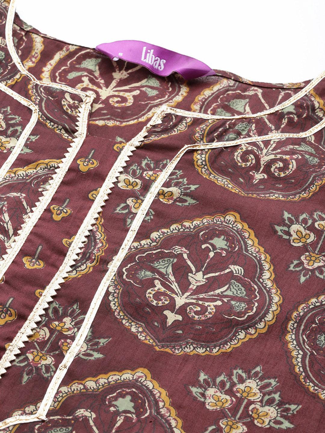 Brown Printed Cotton Straight Kurta With Trousers and Dupatta - ShopLibas 