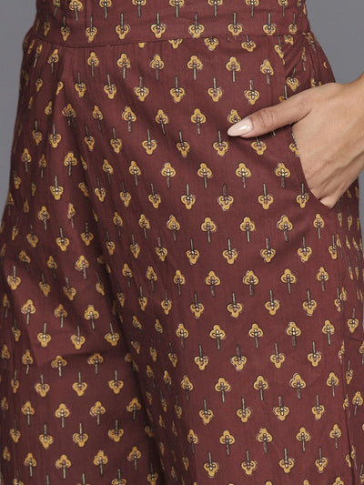 Brown Printed Cotton Straight Kurta With Trousers and Dupatta - ShopLibas