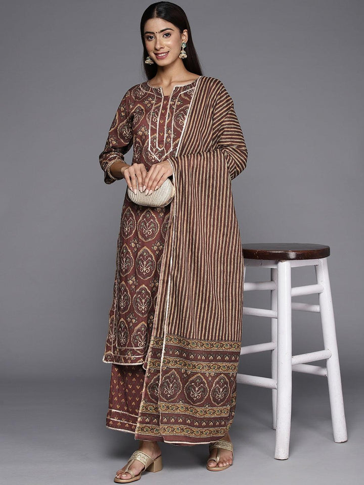 Brown Printed Cotton Straight Suit With Dupatta