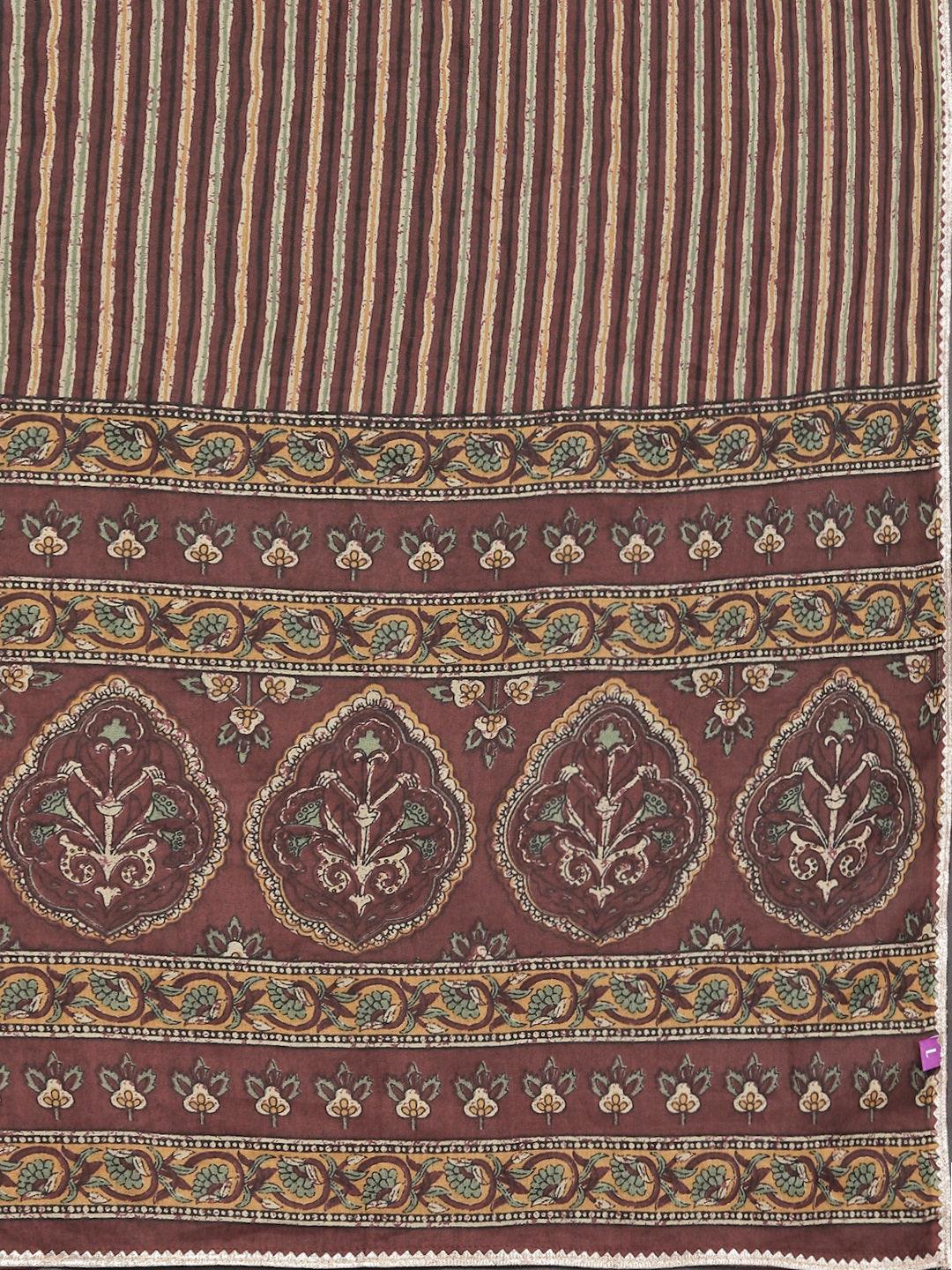 Brown Printed Cotton Straight Kurta With Trousers and Dupatta - ShopLibas 