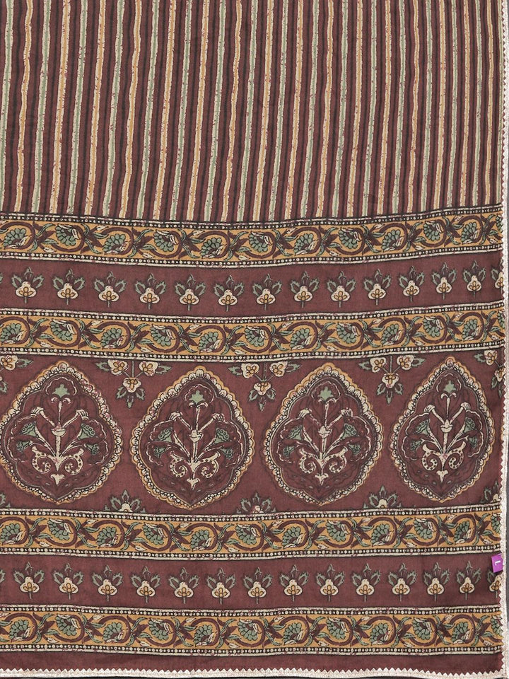 Brown Printed Cotton Straight Suit With Dupatta