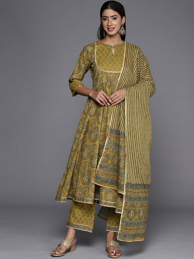Mustard Printed Cotton Anarkali Kurta With Trousers & Dupatta - ShopLibas