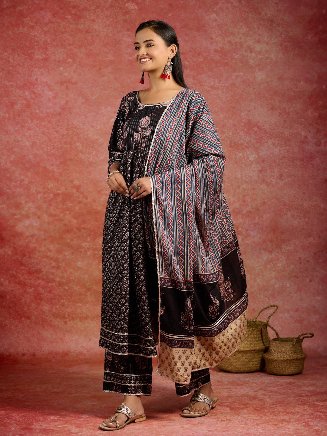 Black Self Design Cotton Anarkali Kurta With Palazzos & Dupatta - ShopLibas
