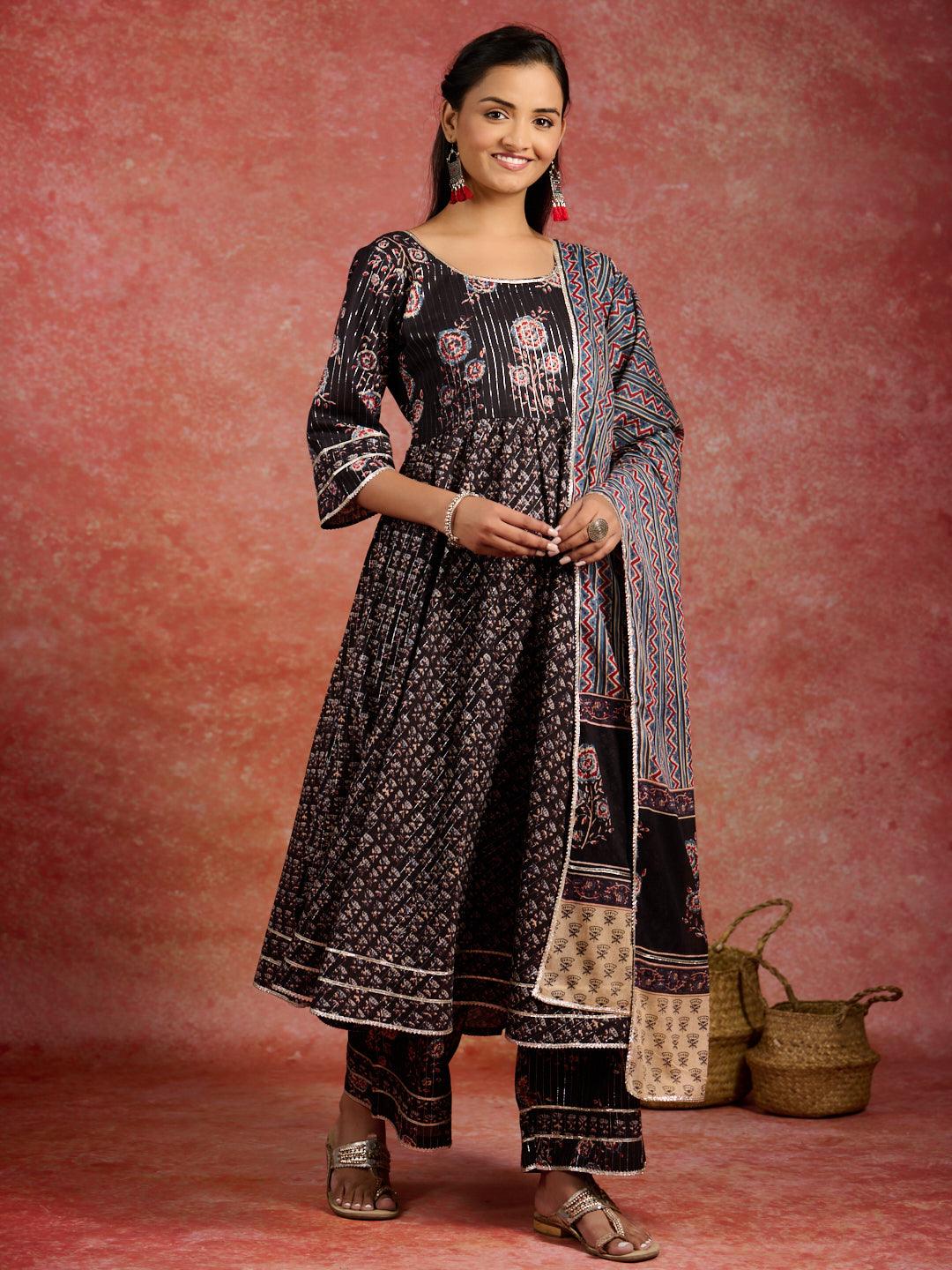 Black Self Design Cotton Anarkali Kurta With Palazzos & Dupatta - ShopLibas