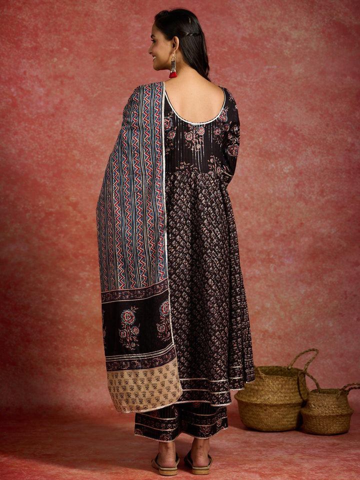Black Self Design Cotton Anarkali Kurta With Palazzos & Dupatta - ShopLibas
