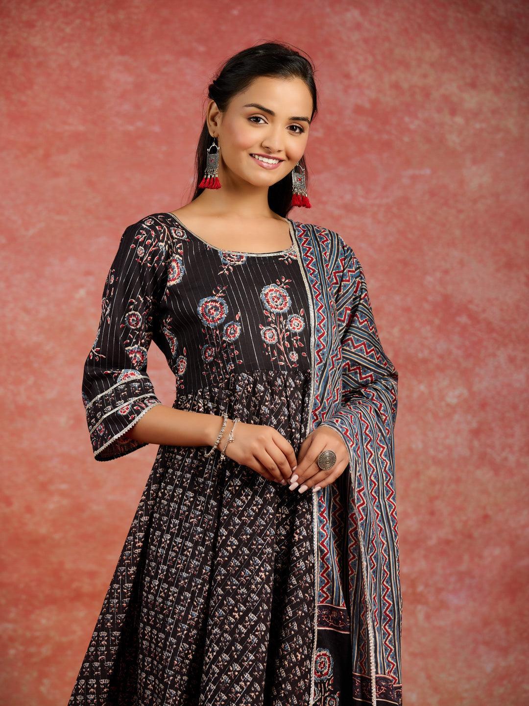 Black Self Design Cotton Anarkali Kurta With Palazzos & Dupatta - ShopLibas