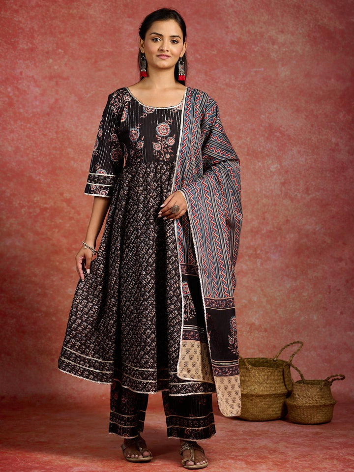 Black Self Design Cotton Anarkali Kurta With Palazzos & Dupatta - ShopLibas